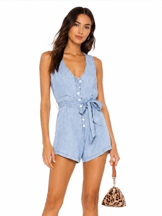 Rails Pants - RAILS Scarlett Lightweight Chambray Blue Denim Romper with Tie Waist and Buttons